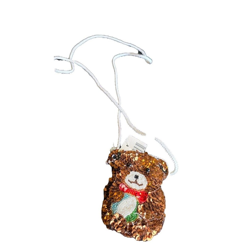 Paul Milan Sequin Teddy Bear Coin Purse Pouch Keychain Red and Gold